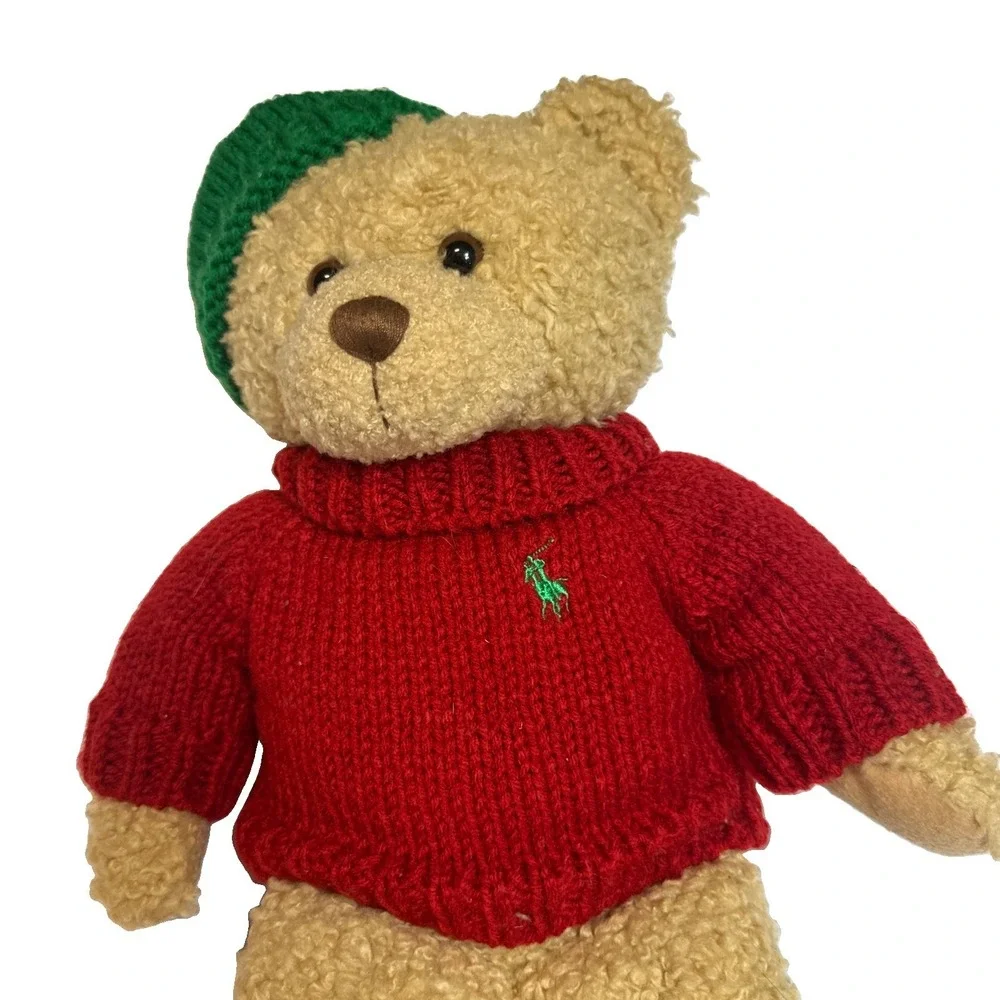 Vintage Polo Ralph Lauren Teddy Bear Brown Plush 2006 Red Green Knit Sweater
